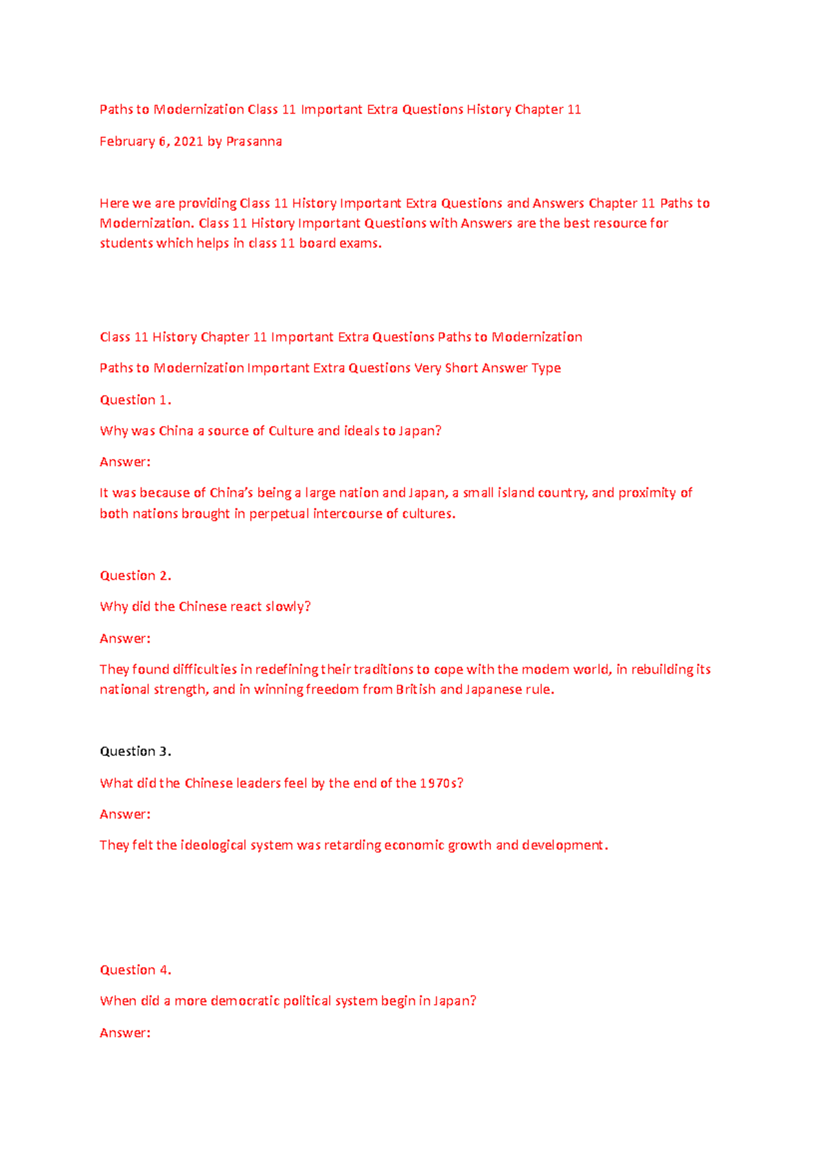 Paths to Modernization Class 11 Important Extra Questions History ...