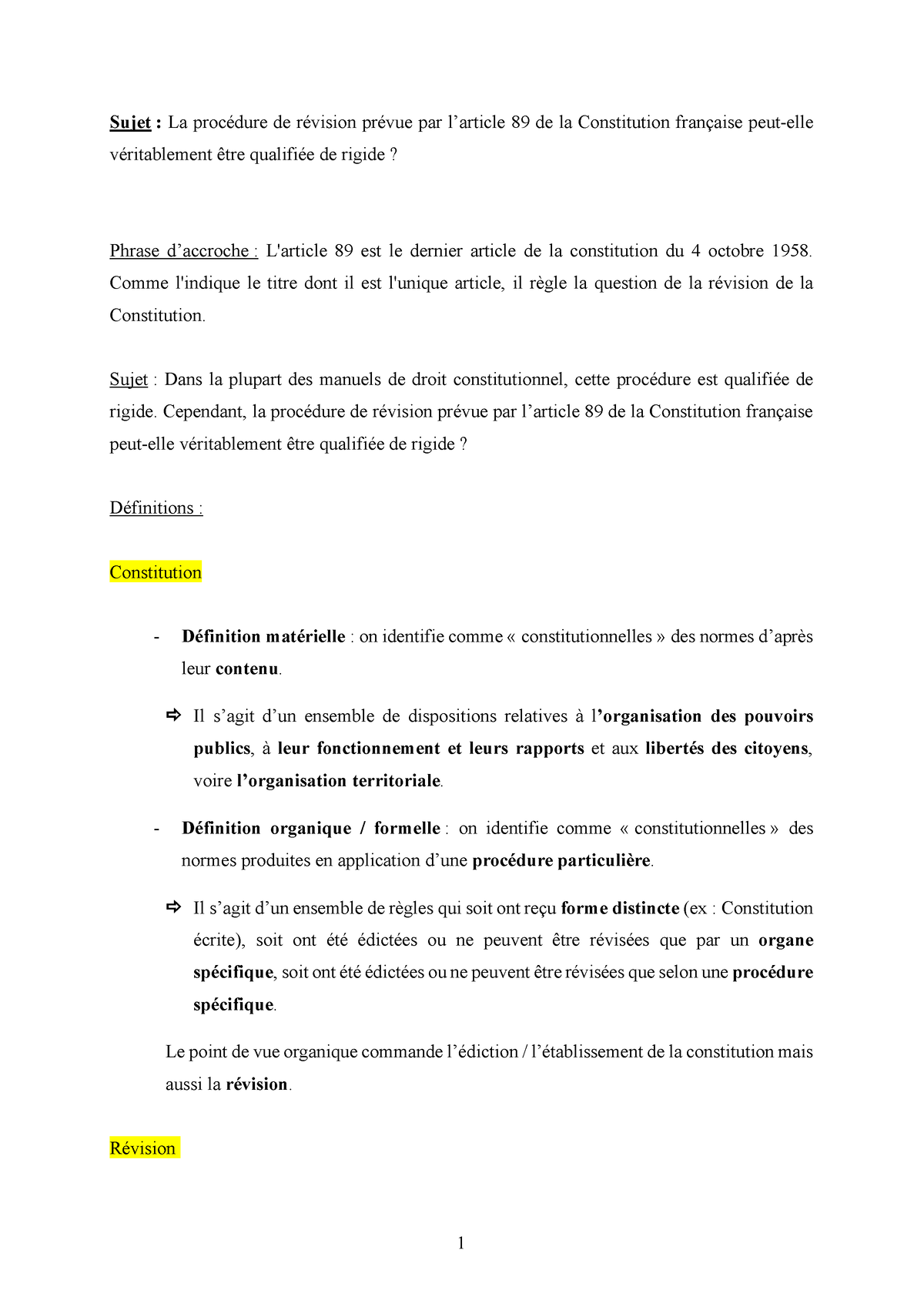 revision de la constitution dissertation juridique