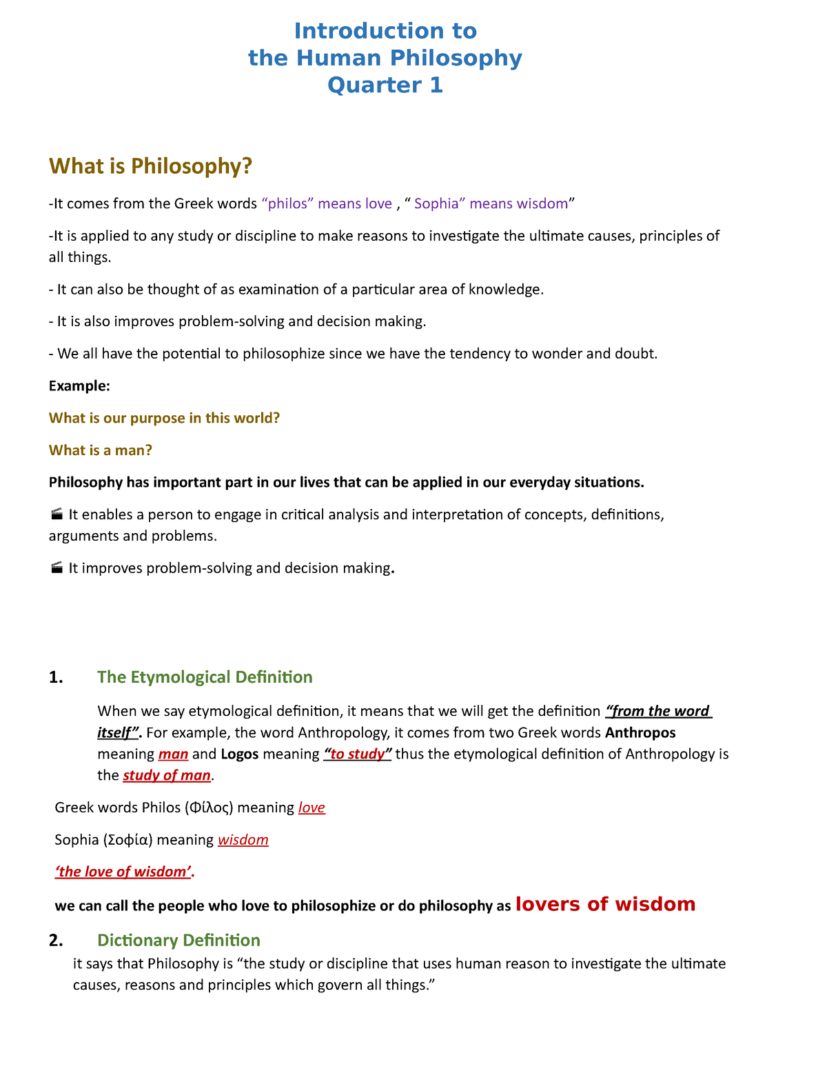 Philo Q1 Reviewer Thankyou Introduction To The Human Philosophy Quarter 1 What Is 0507