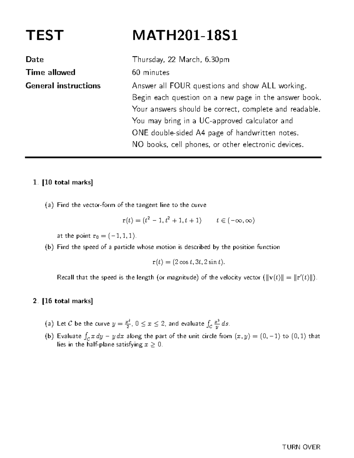 2018 test - MATH201 - TEST MATH201-18S Date Thursday, 22 March, 6 Time ...