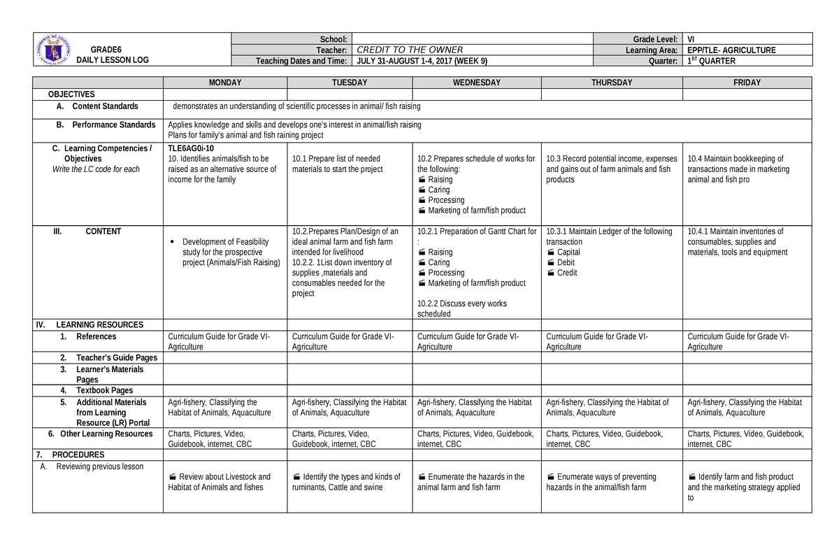 DLL EPP 6 Q1 W9 - Daily lesson plan for TLE 6 - GRADE DAILY LESSON LOG ...