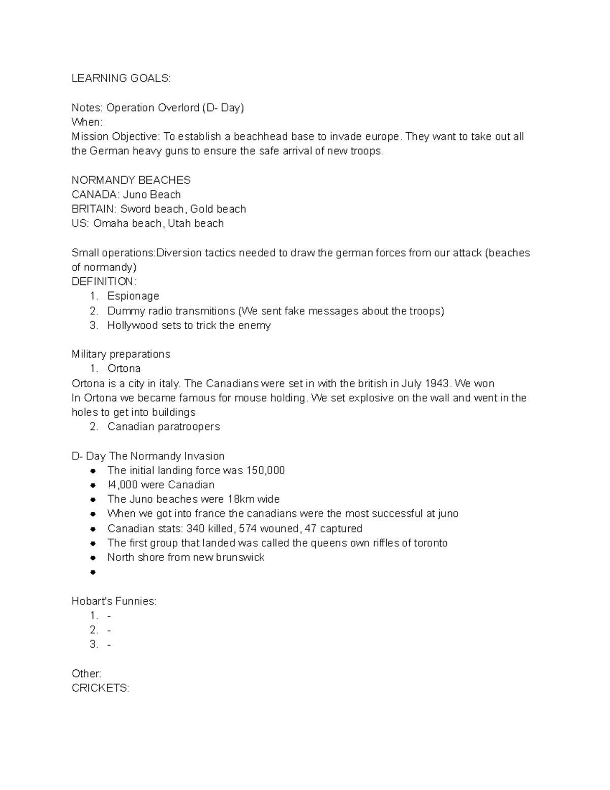 D-Day - history notes for grade 10 - LEARNING GOALS: Notes: Operation ...