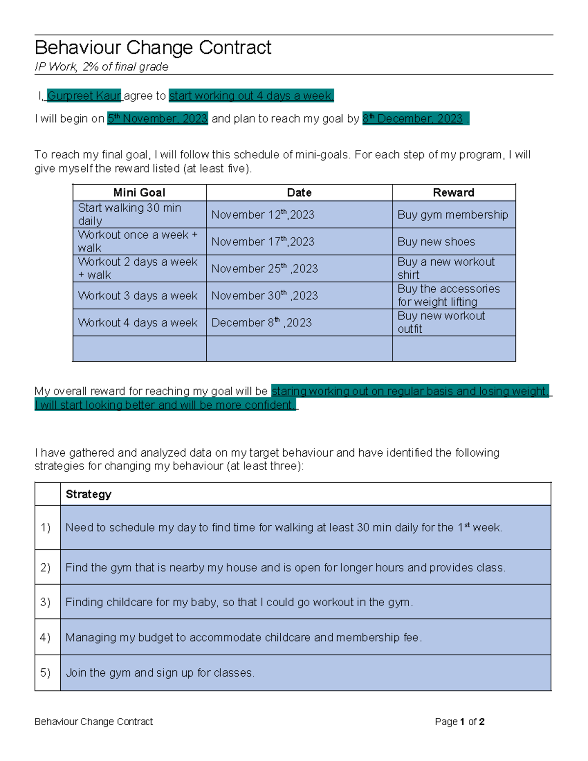Behaviour Change Contract - I will begin on 5 th November, 2023 and ...