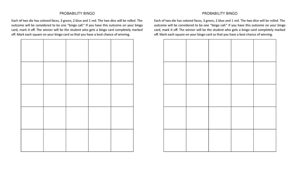 Roll Two Dice Bingo Card