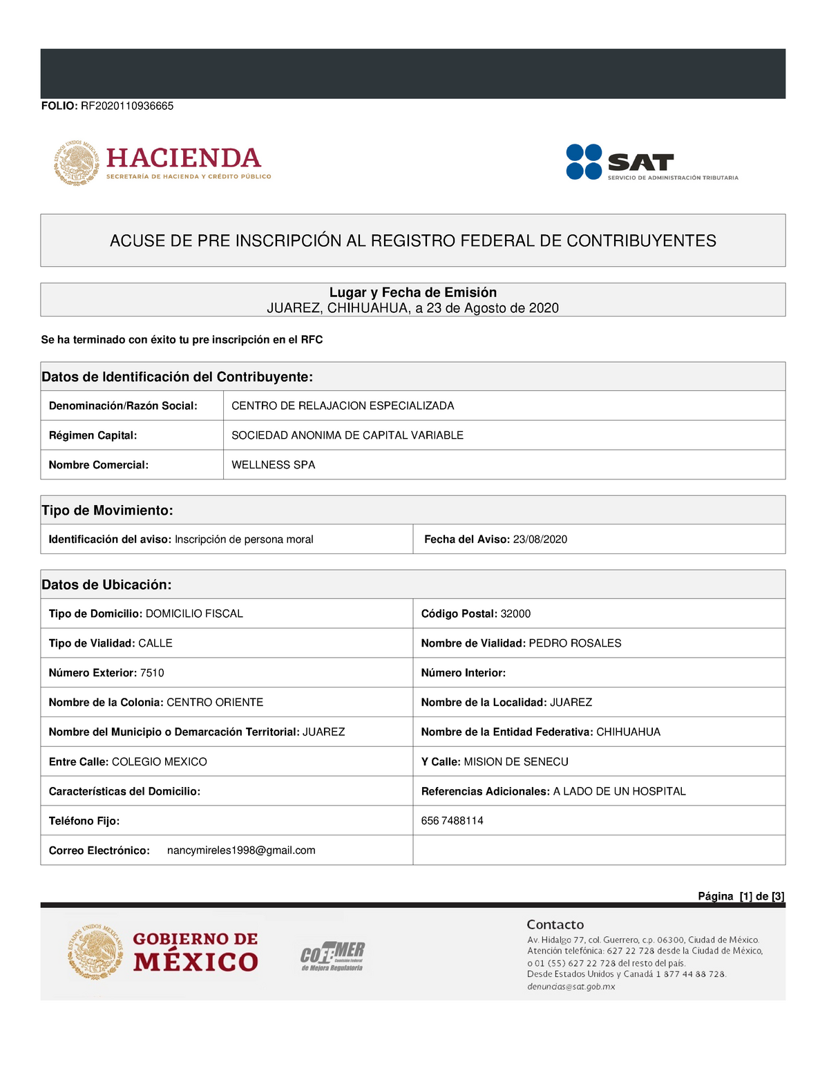 RFC 2 SPA - Asdf - FOLIO:RF ACUSE DE PRE INSCRIPCIÓN AL REGISTRO ...