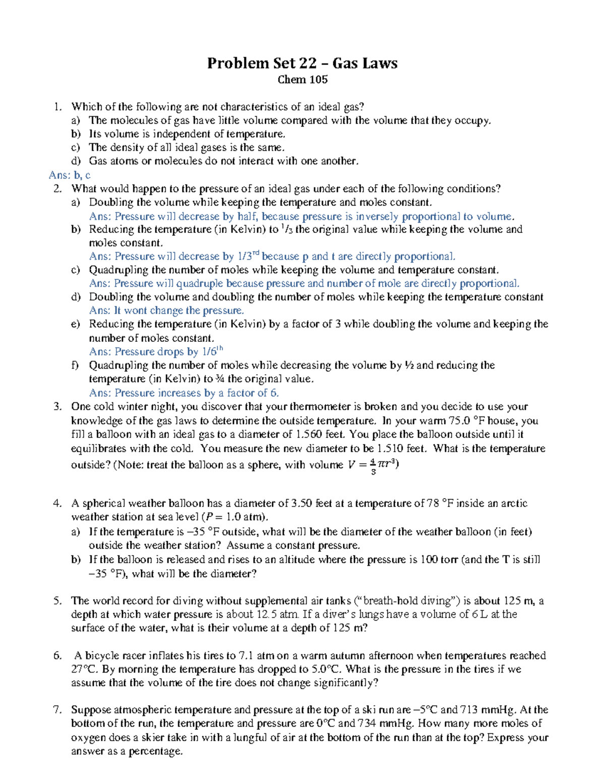 PS 22 - Gas Laws - Problem Set 22 – Gas Laws Chem 105 Which of the ...
