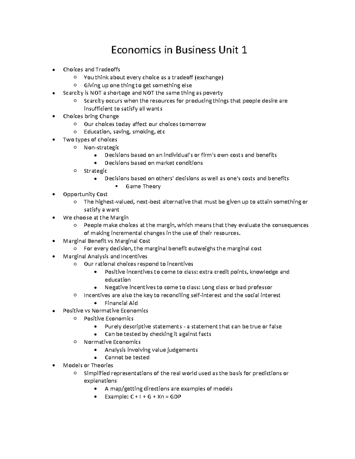 Economics in Business Unit 1 - • Marginal Benefit vs Marginal Cost o ...