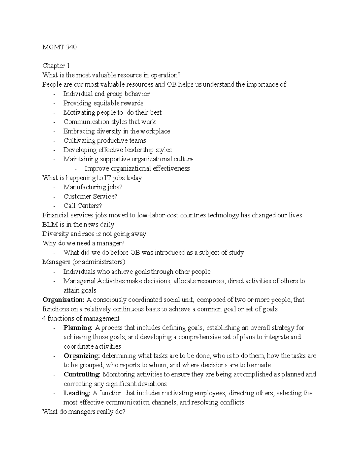 MGMT 340 Lecture Notes - MGMT 340 Chapter 1 What Is The Most Valuable ...