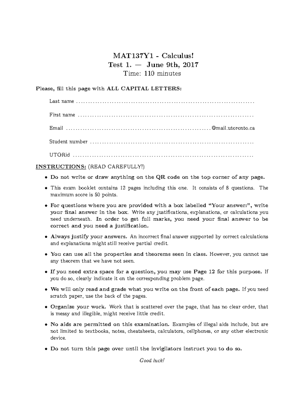 Test 2017, answers - MAT137Y1 - Calculus! Test 1. — June 9th, 2017 Time ...