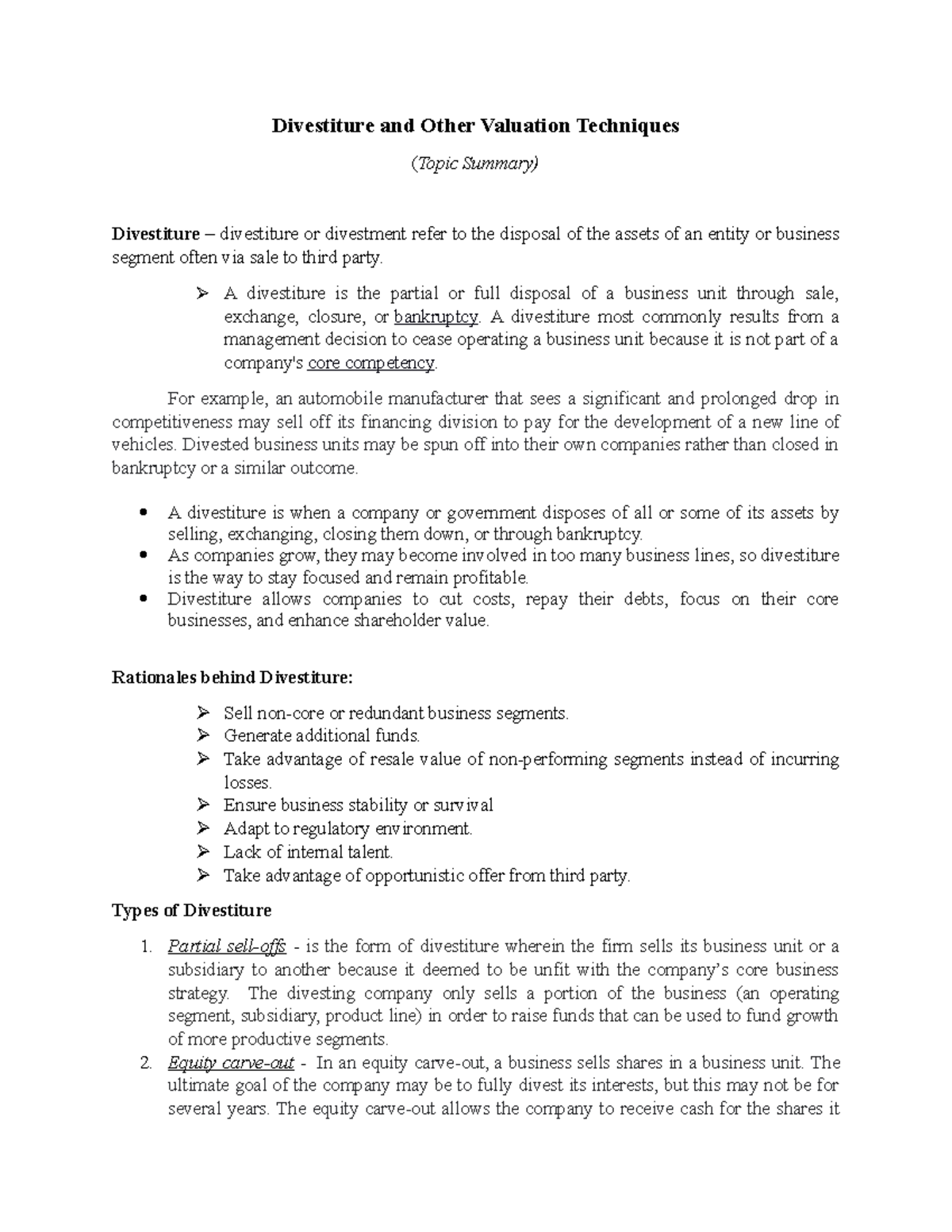 Valuation Method Topic summary - Divestiture and Other Valuation ...