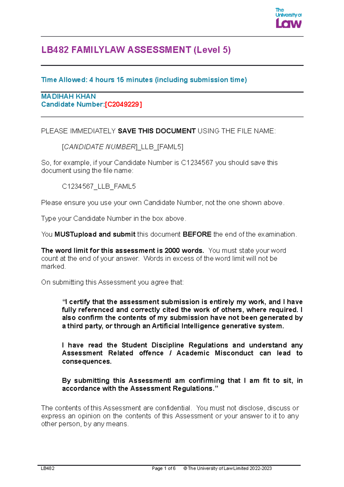 C2049229 Family LAW summary LB482 FAMILYLAW ASSESSMENT (Level 5