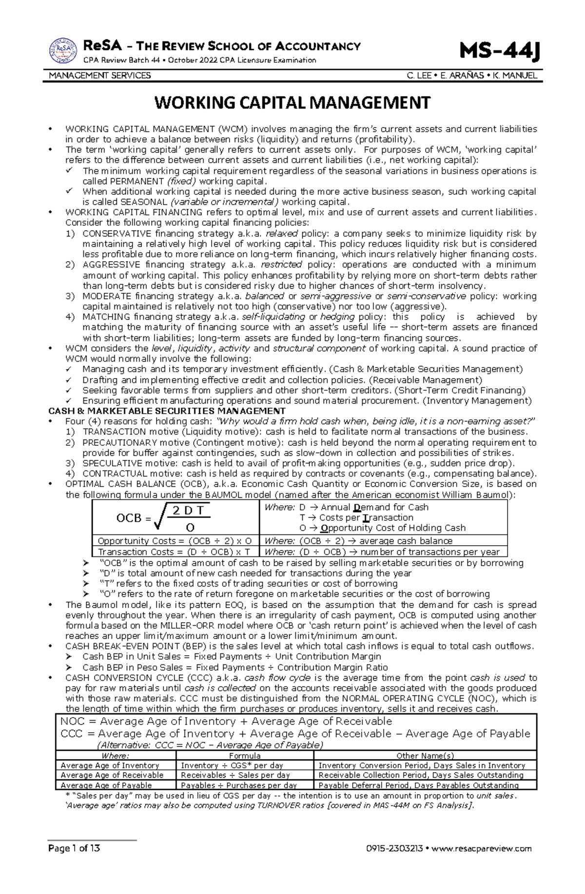 MS44J (Working Capital Management) ReSA THE REVIEW SCHOOL OF