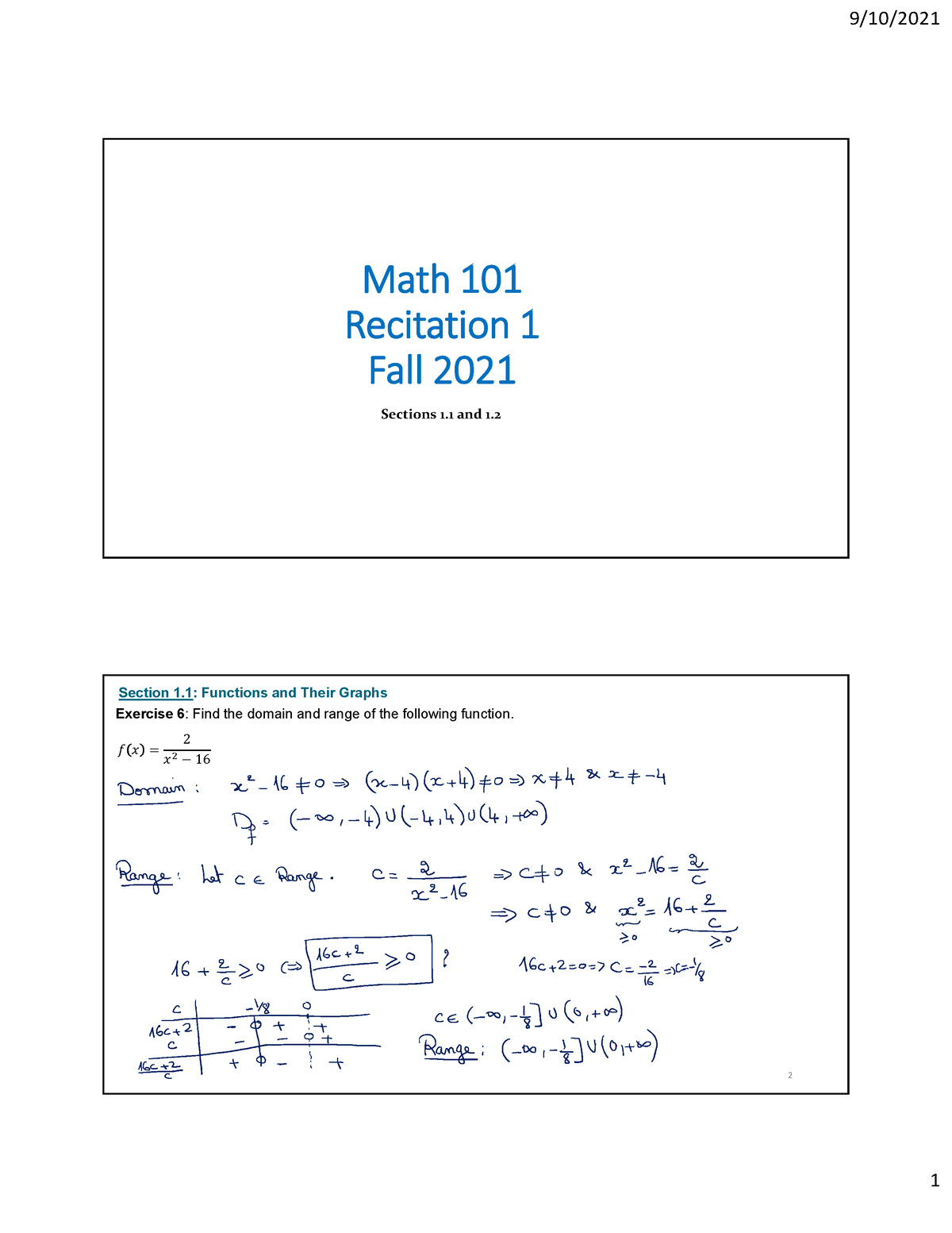 Recitation 1 - Math 101 Recitation 1 Fall 2021 Sections 1 And 1. 2 = 2 ...