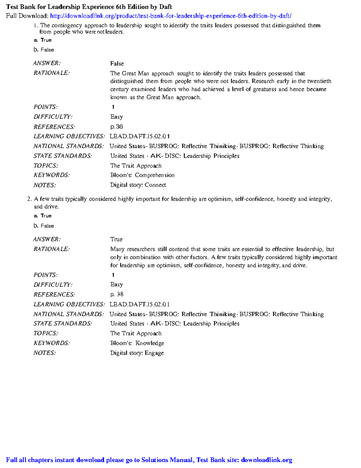 Test bank for leadership experience 6th edition by daft - 201 - Studocu
