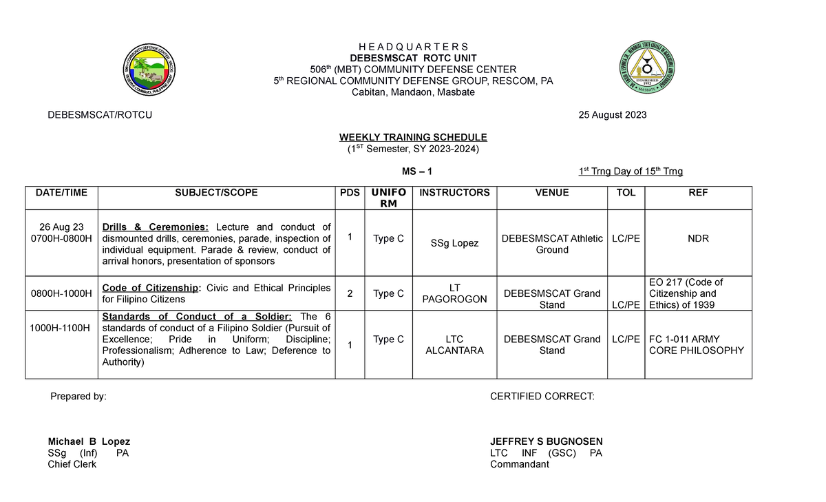 Weekly- Training- Sched - H E A D Q U A R T E R S DEBESMSCAT ROTC UNIT ...