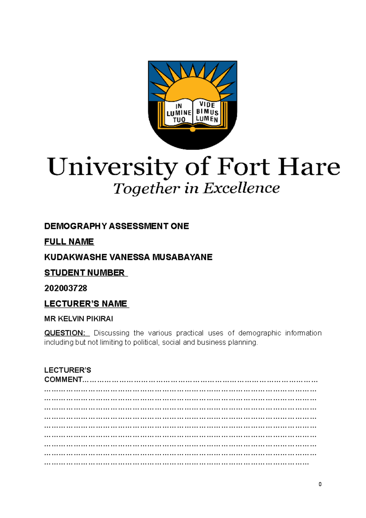 Demography Test Assessment Test Assignment Demography Assessment