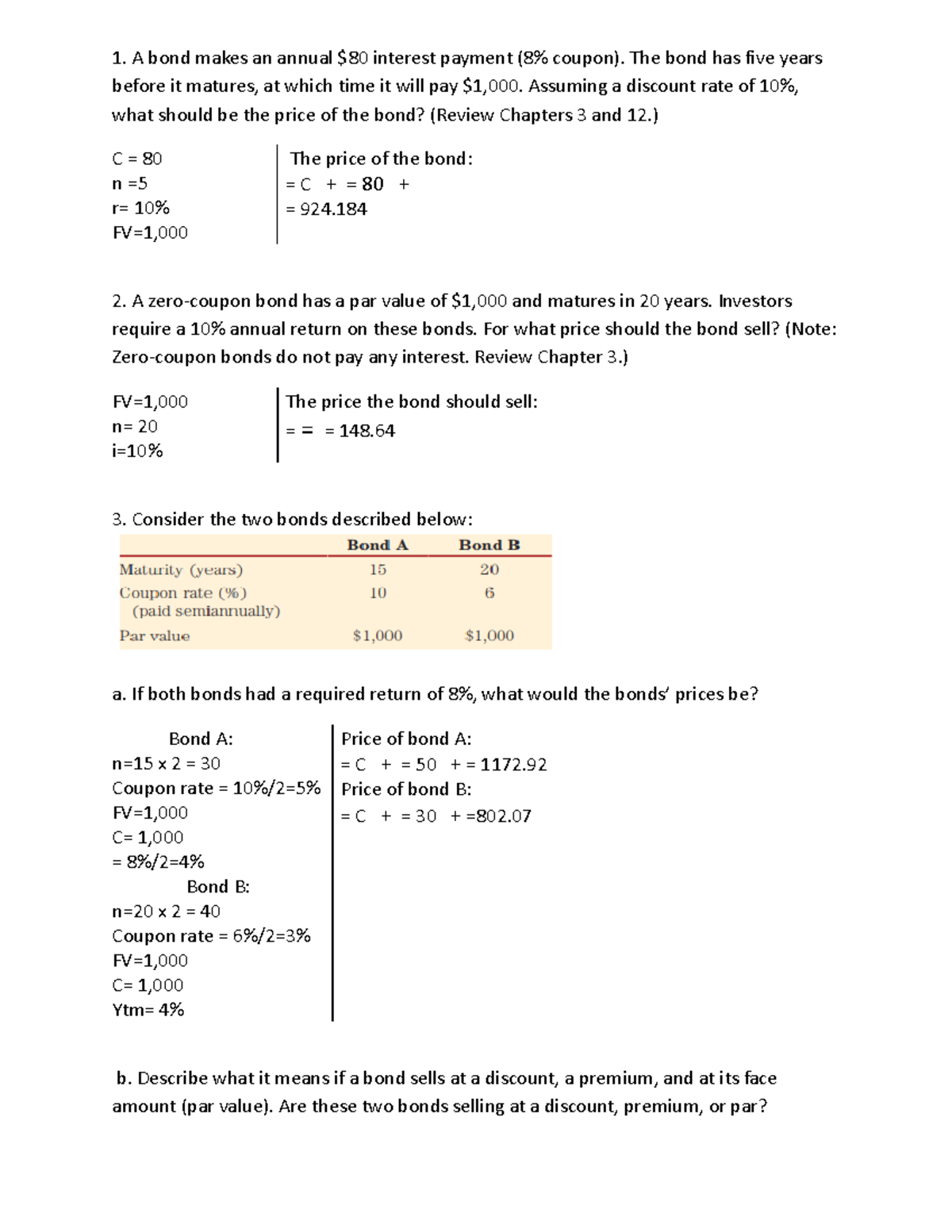 Quantitive problems practice exercise A bond makes an annual 80