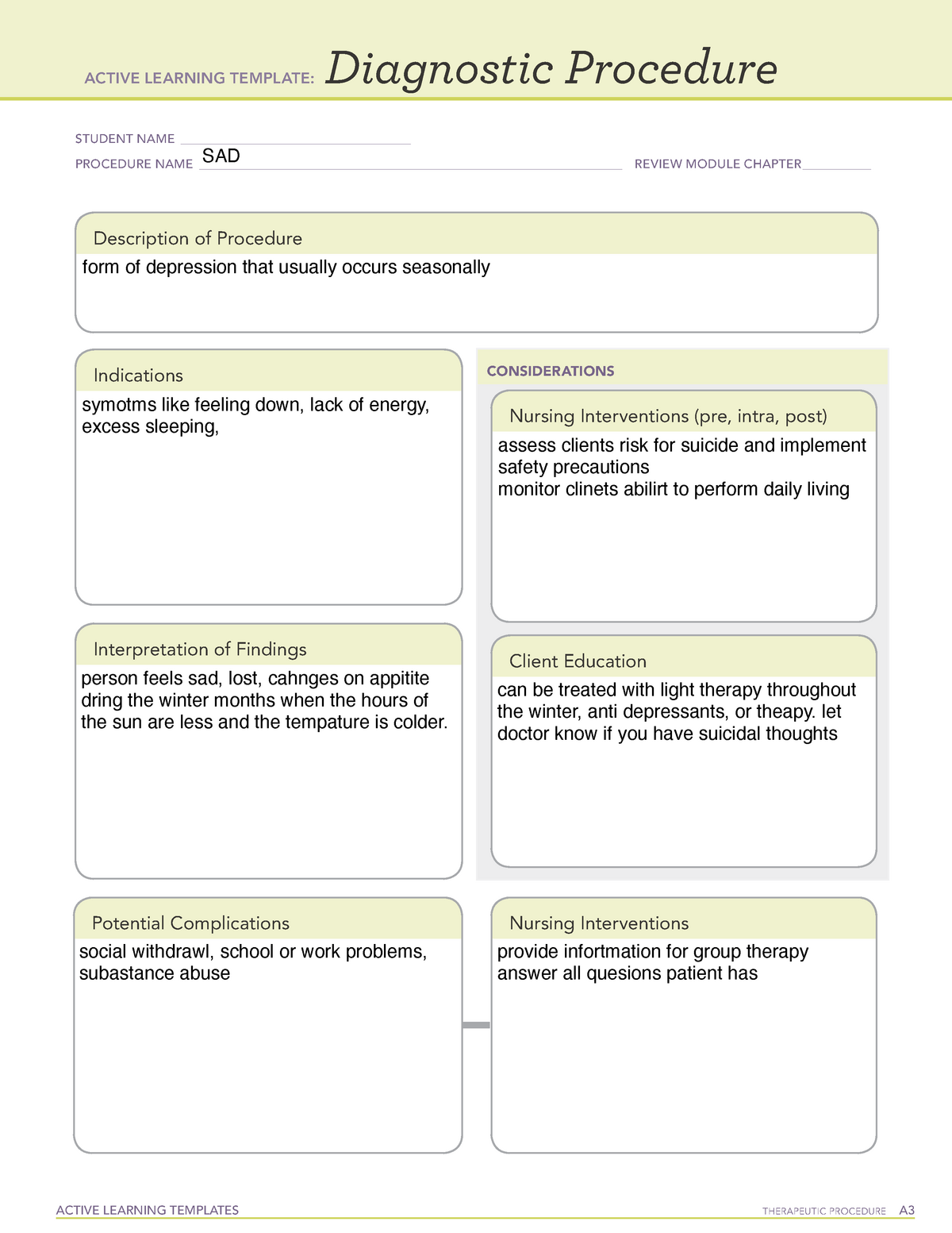 Active Learning Template Diagnostic Procedure form ACTIVE LEARNING