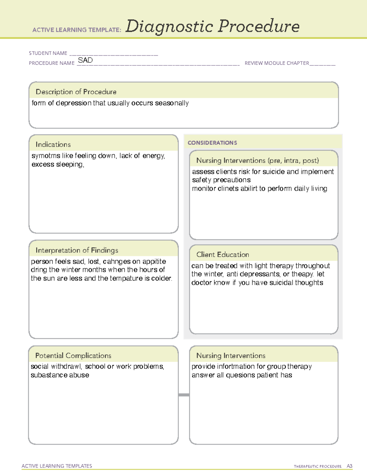 Active Learning Template Diagnostic Procedure Form ACTIVE LEARNING 