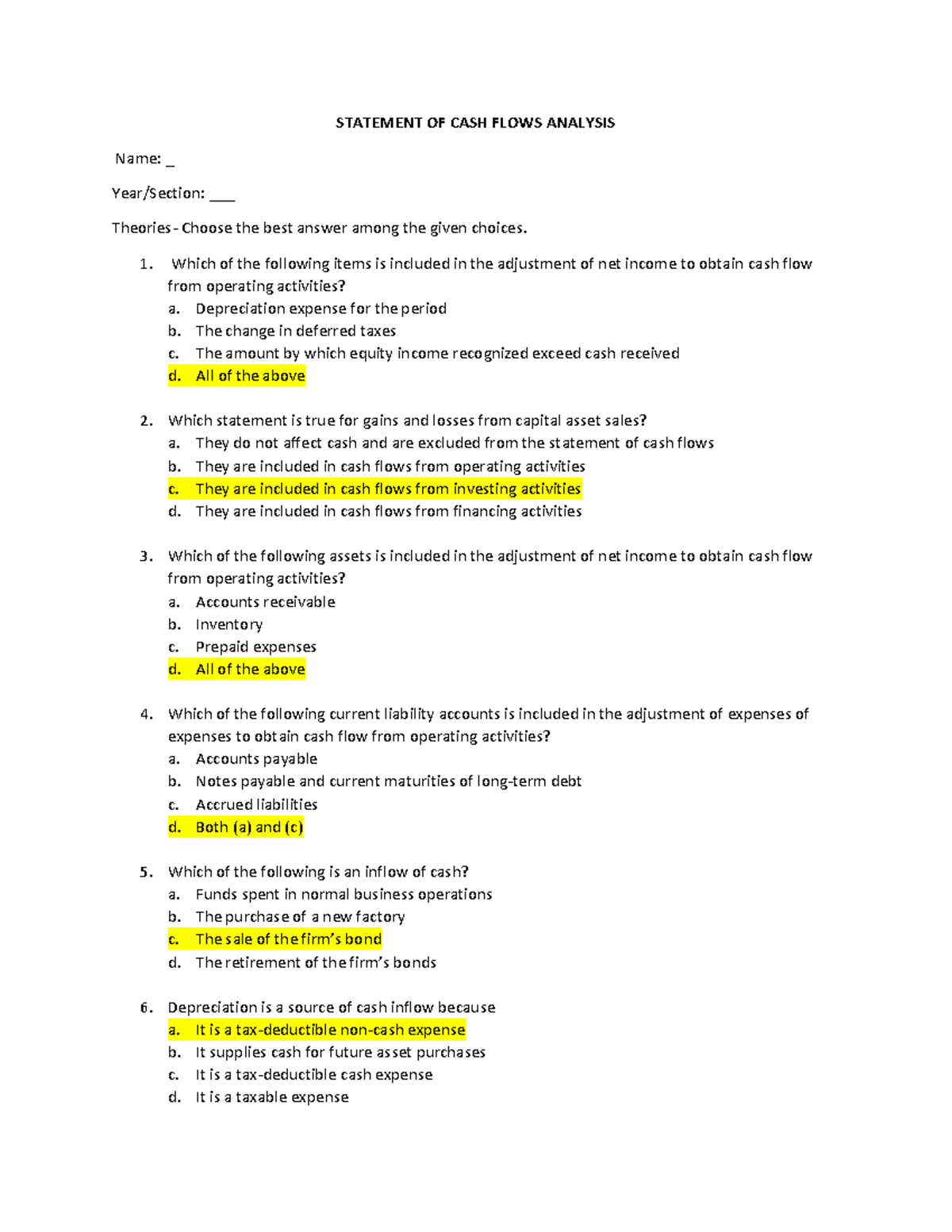 Statement Of Cash Flows Analysis Exercise With Solutions STATEMENT OF 