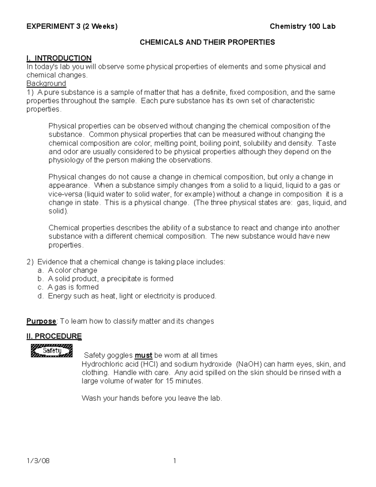 Chem 100 lab 3 matter changes EXPERIMENT 3 (2 Weeks) Chemistry 100