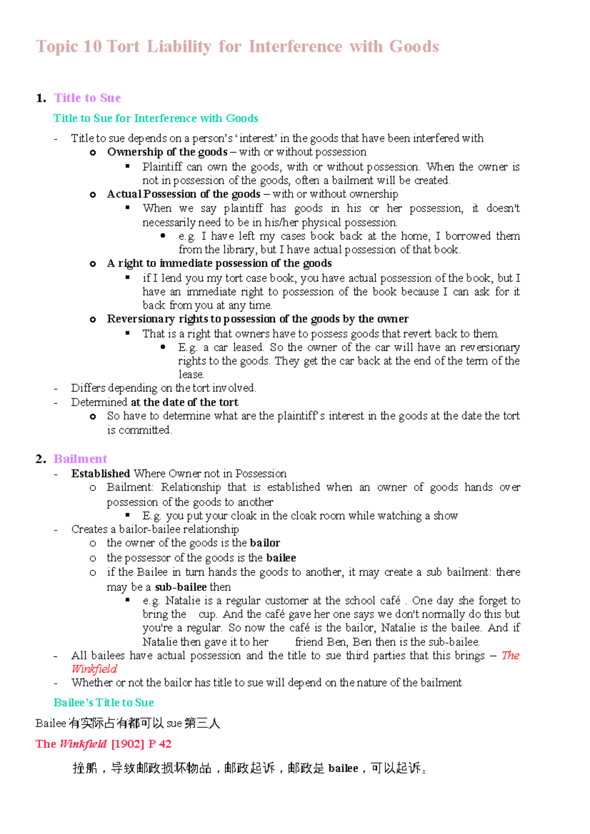Topic 10 Tort Liability for Interference with Goods Title to Sue
