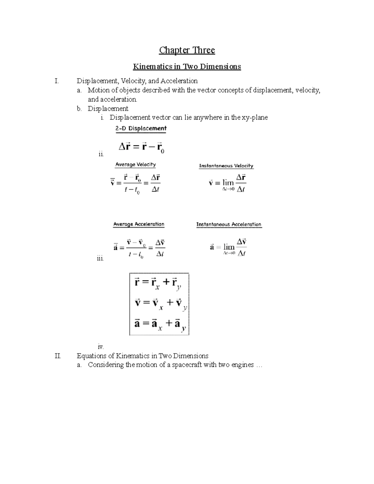 Chapter Three - NOTES - Chapter Three Kinematics in Two Dimensions I ...