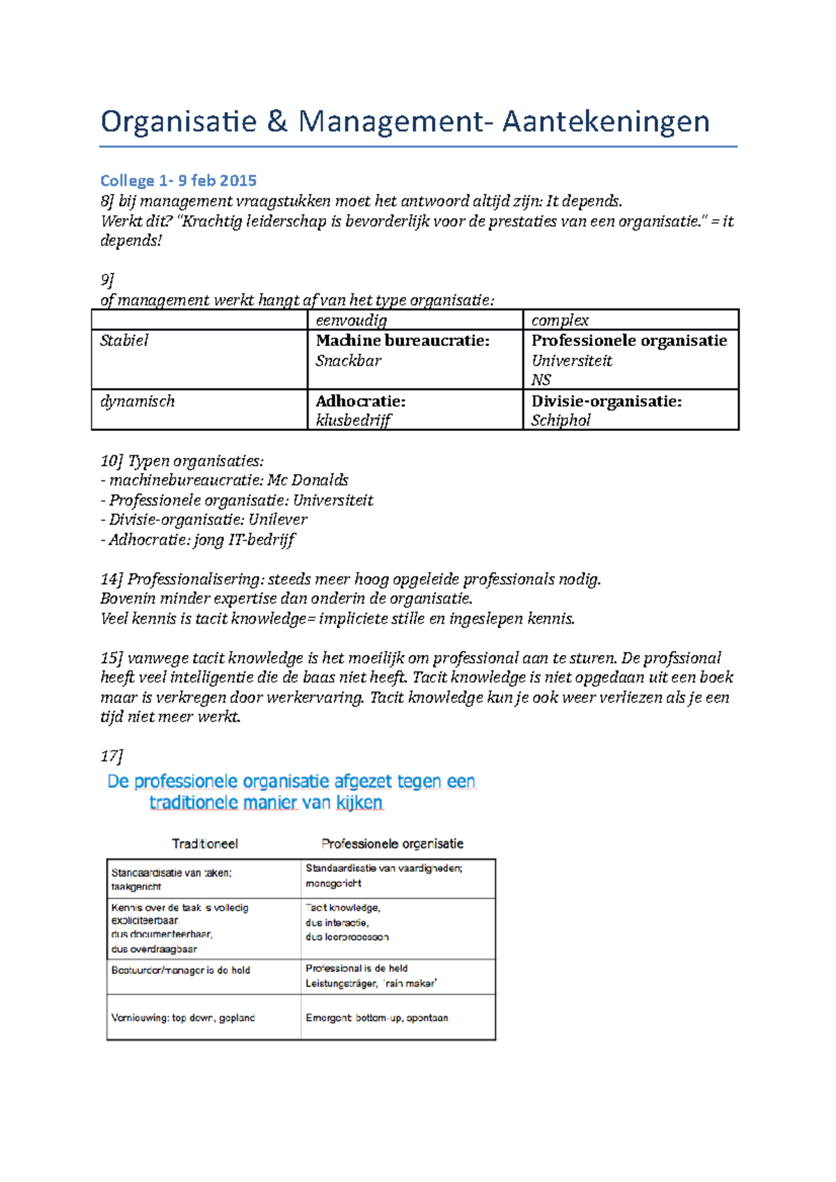 College Aantekeningen 1-7 - Organisatie & Management- Aantekeningen ...