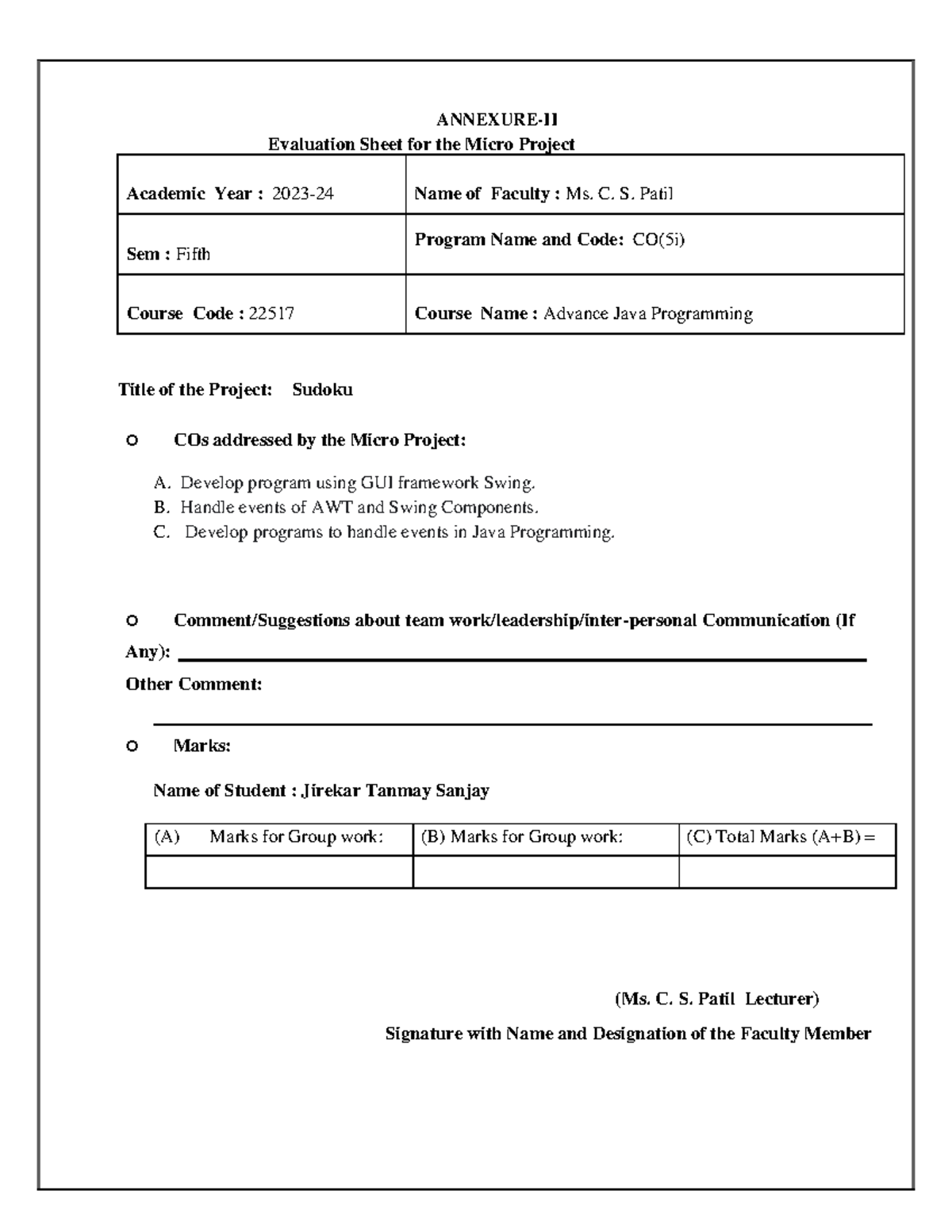 AJP Micro Project evaluation - ANNEXURE-II Evaluation Sheet for the ...