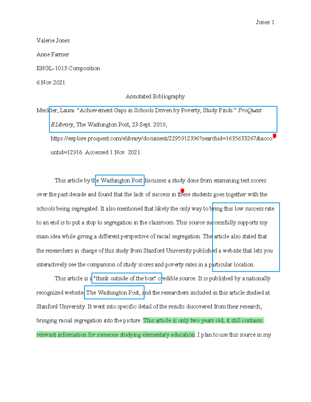 Annotated bib. feedback - Jones 1 Valerie Jones Anne Farmer ENGL-1013 ...