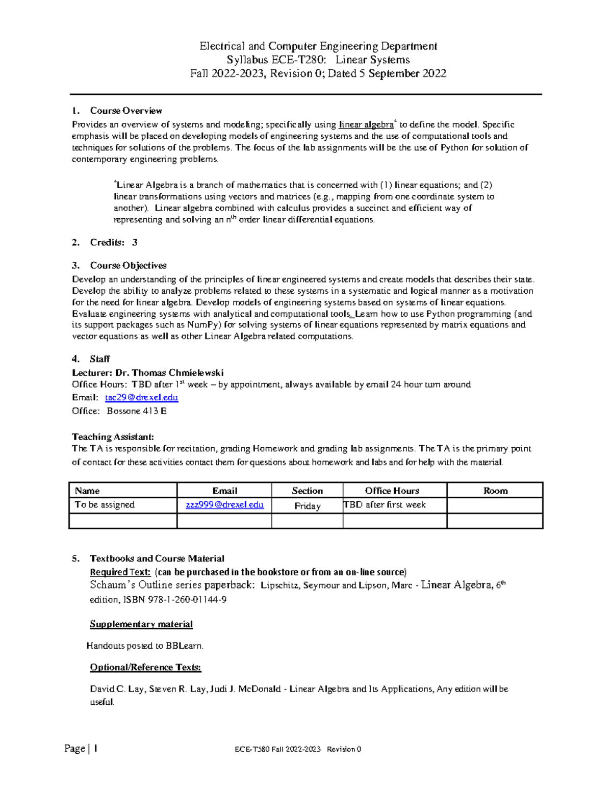 Syllabus ECE-T280 R0 Sept5 - Syllabus ECE-T280: Linear Systems Fall ...