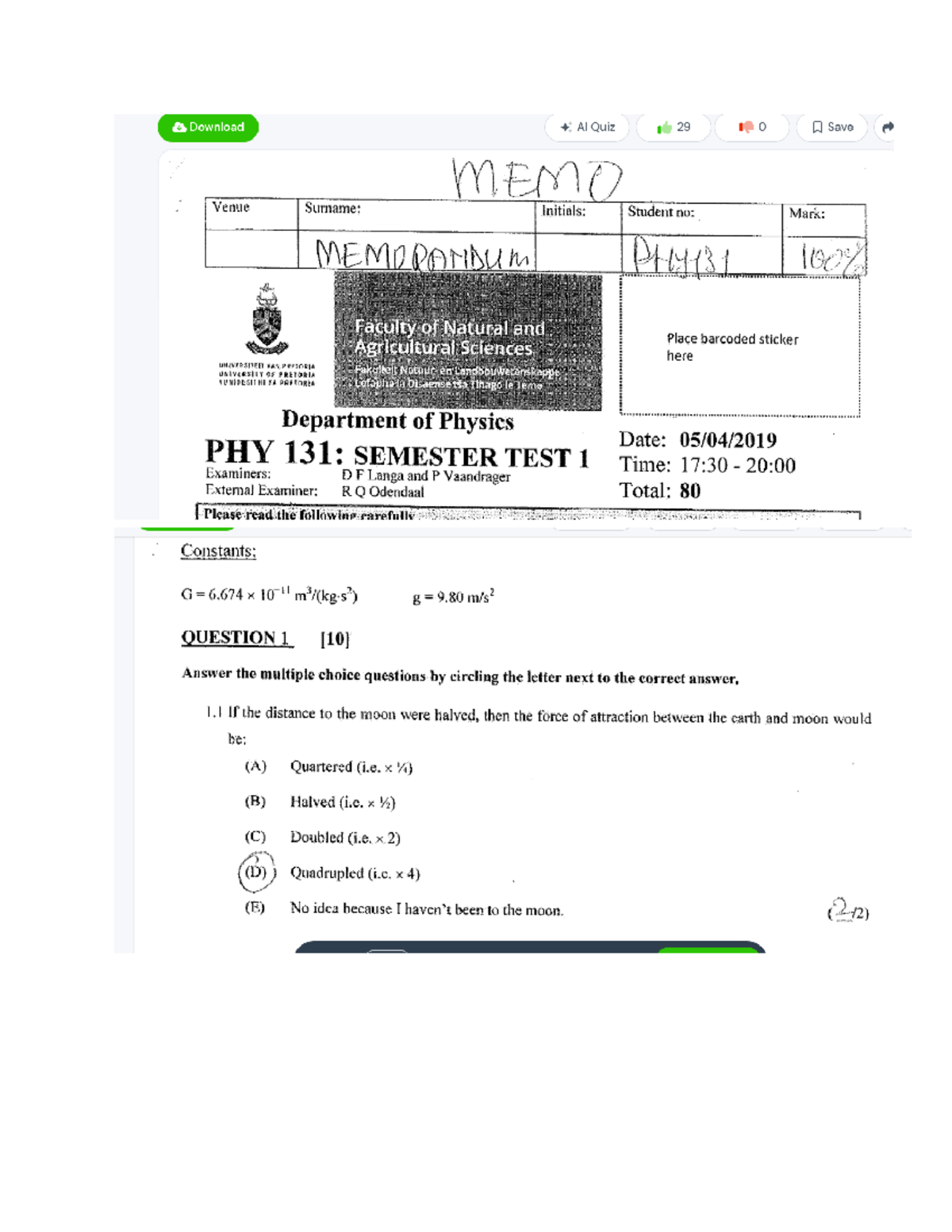 Semester test 1 April 2019 Memo (1) - Google Docs - Download AI Quiz 29 ...