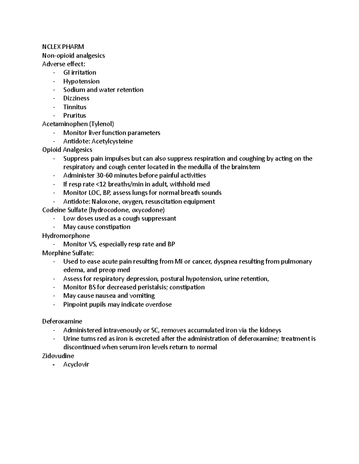 Nclex Pharm - NCLEX PHARM Non-opioid analgesics Adverse effect: - GI ...