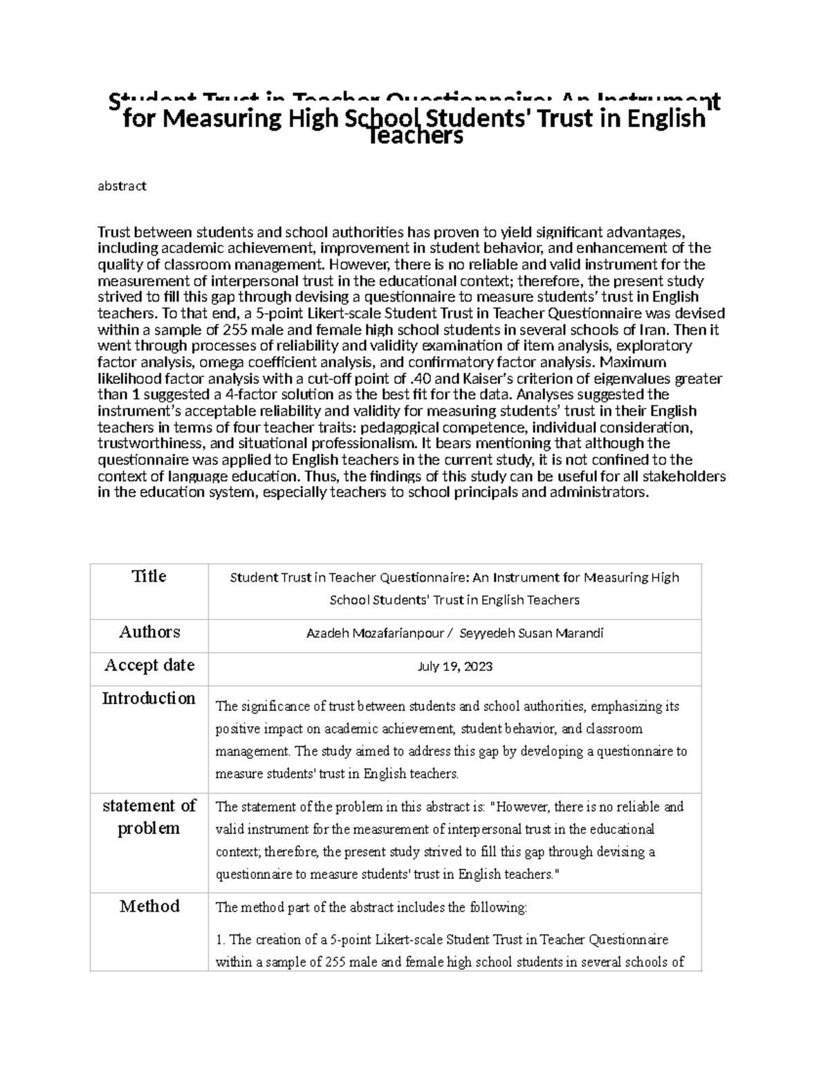 Abstract - Student Trust in Teacher Questionnaire: An Instrument for ...