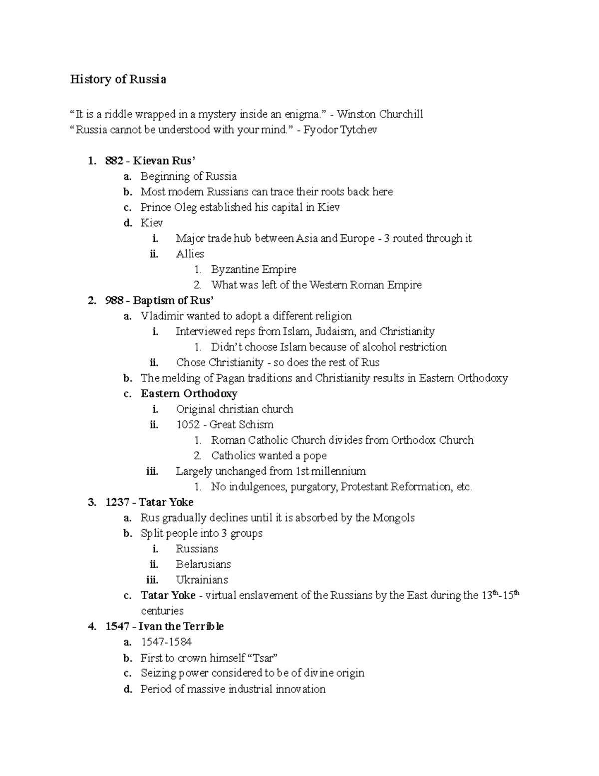 Week 1 - Lecture notes 1 - History of Russia “It is a riddle wrapped in ...