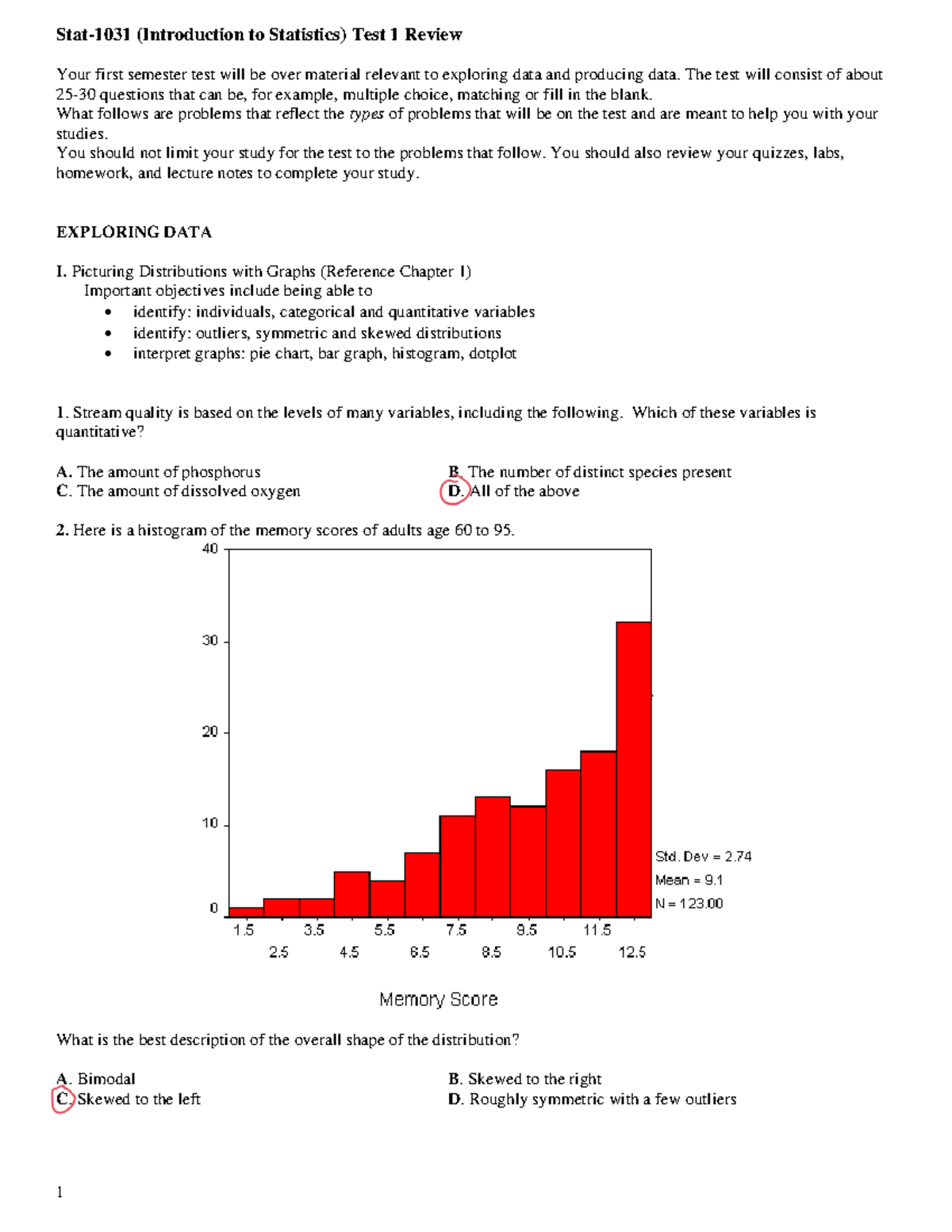 Exam+1+Review+Problems+22FS - Stat- 1031 (Introduction to Statistics ...
