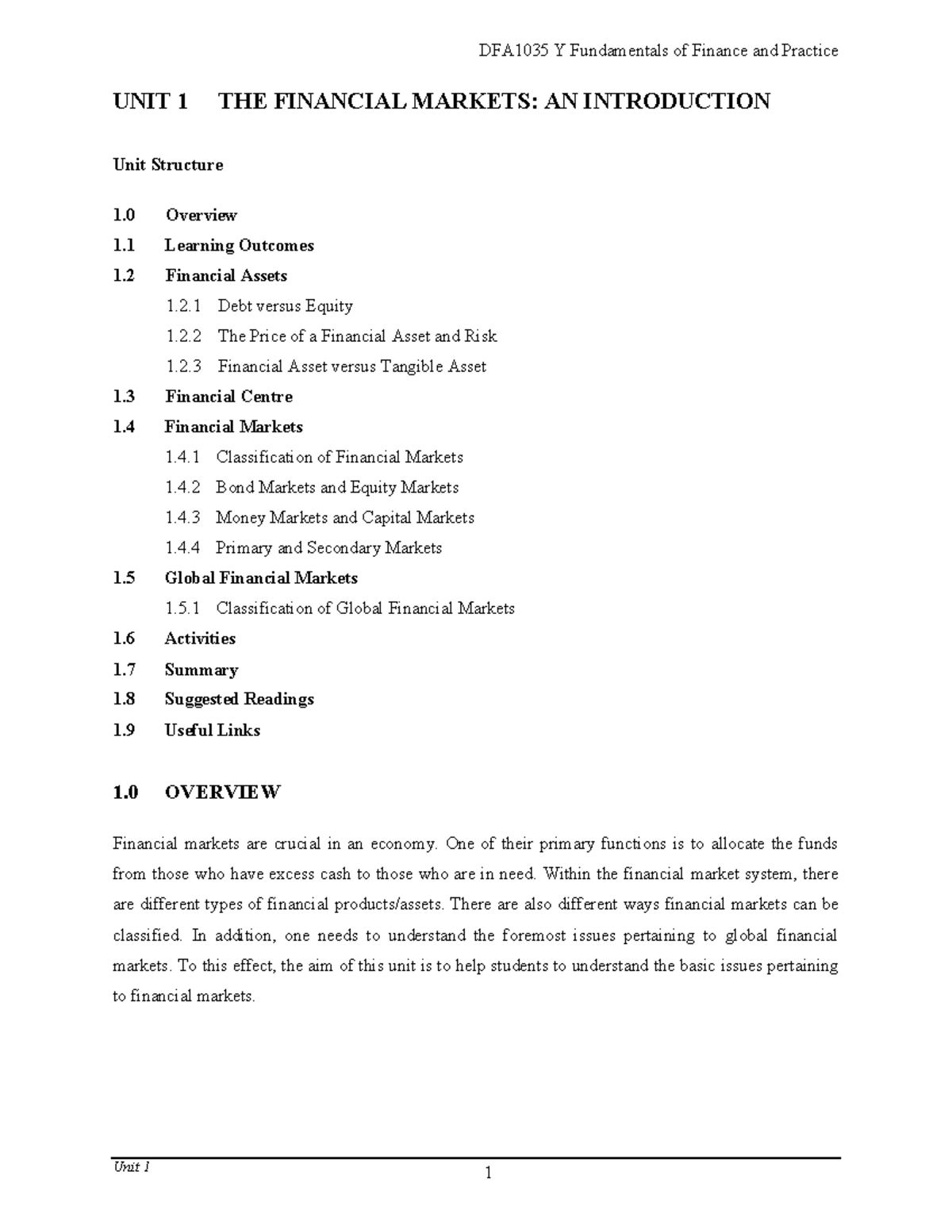 Unit 1 - Lecture Notes 1-10 - UNIT 1 THE FINANCIAL MARKETS: AN ...