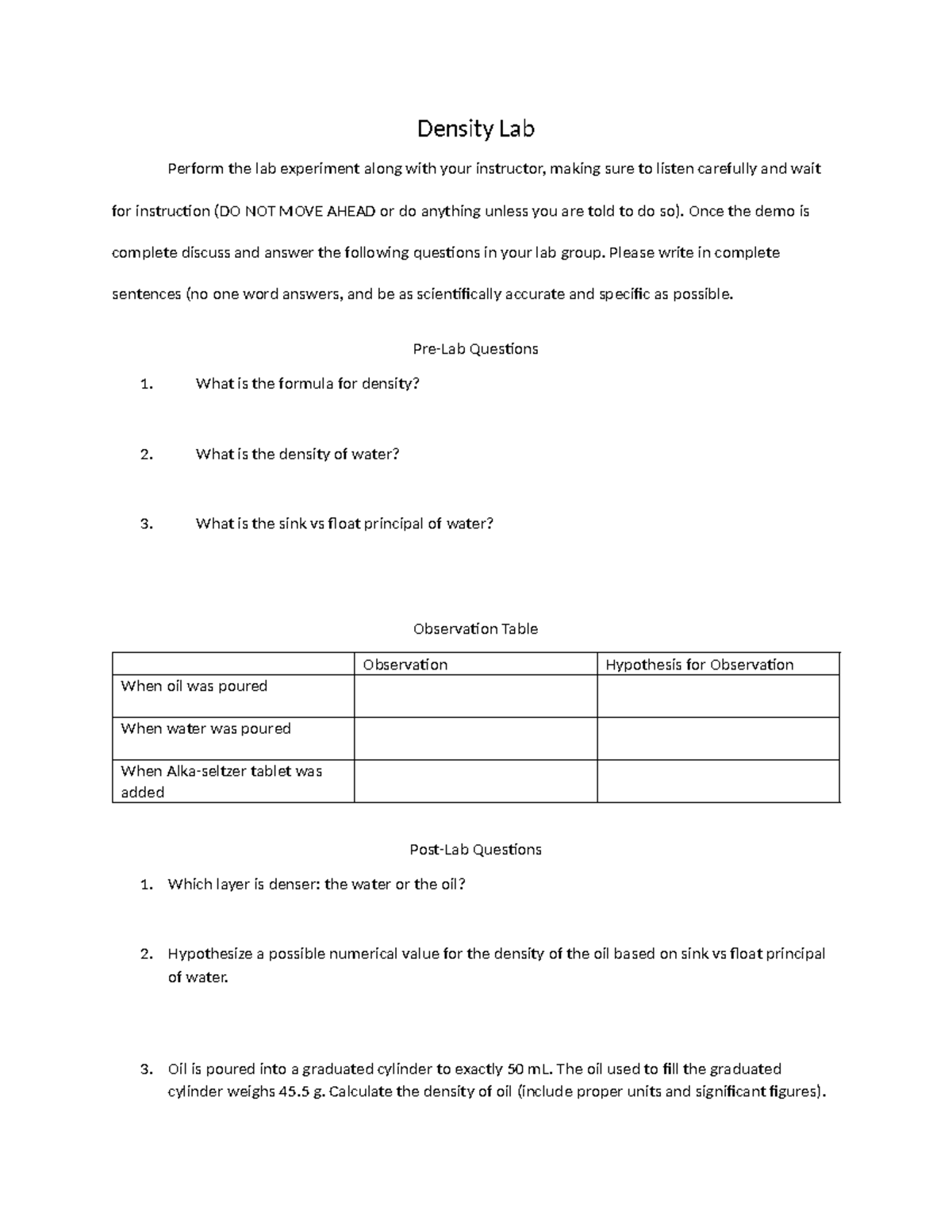Density Lab Density Lab Perform the lab experiment along with your