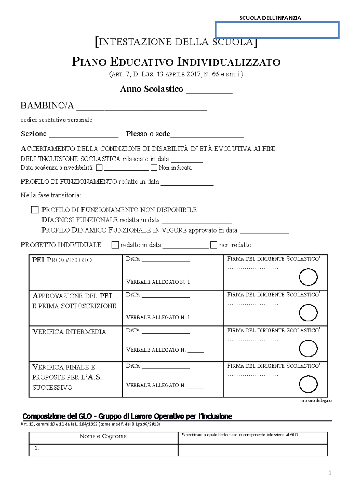 Allegato A1 PEI Infanzia INTESTAZIONE DELLA SCUOLA PIANO EDUCATIVO