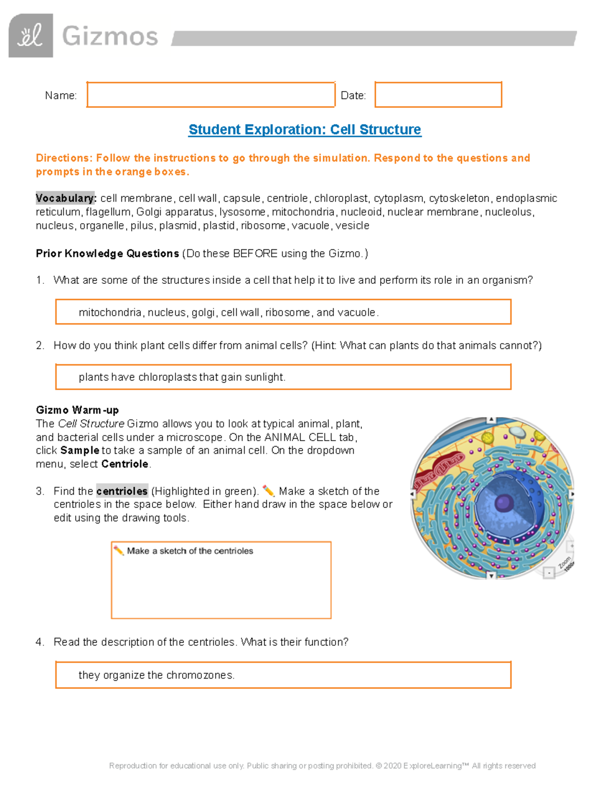 Cell Structure Gizmo - N/A - Name: Date: Student Exploration: Cell ...