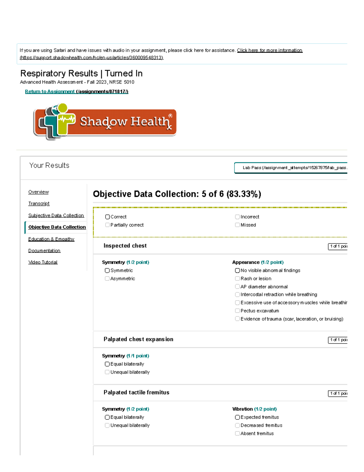 Shadow Health Respiratory Objective Data - wcen54i