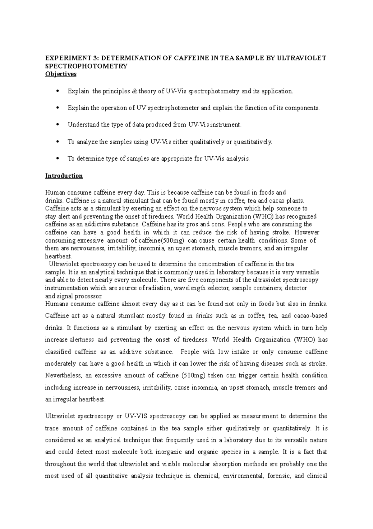 Exp 3 lab report determination of caffeine in tea sample using uvvis
