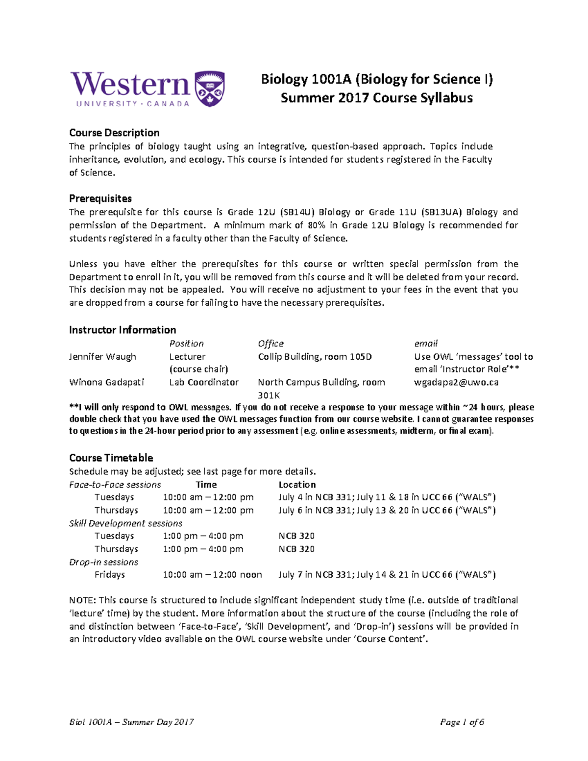 Biology 1001A Course Outline Summer 2017 - Biology 1001A (Biology For ...