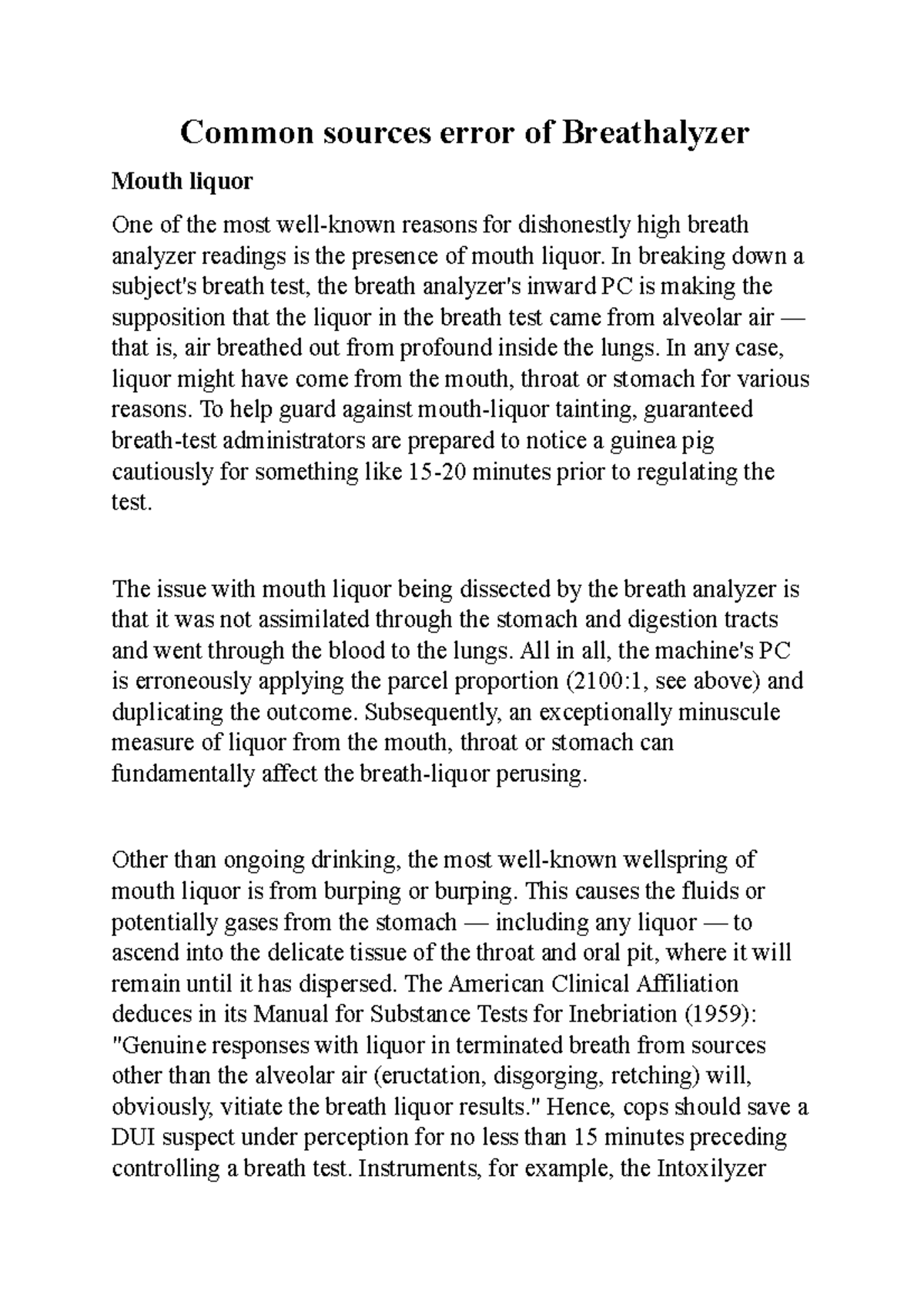 Common sources error of Breathalyze 1 Common sources error of Breathalyzer Mouth liquor One of