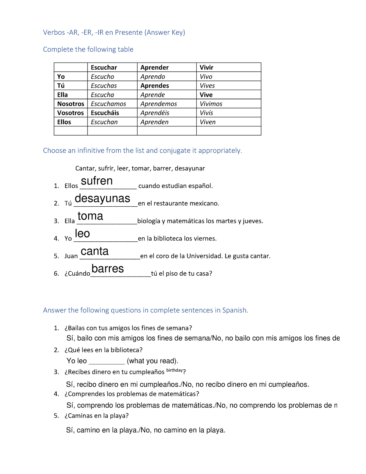 Subject Pronouns And Present Tense Of Ar Verbs Answer Key