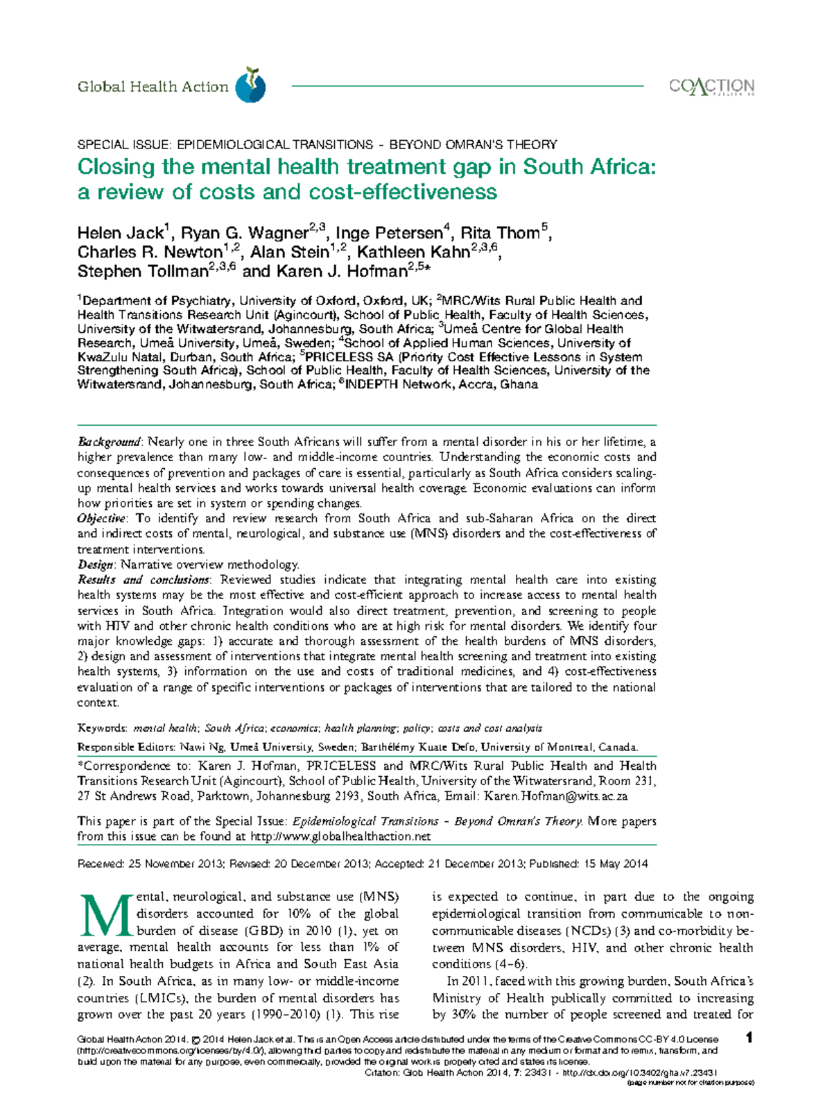 Closing the mental health treatment gap in South Africa - Wagner 2,3 ...