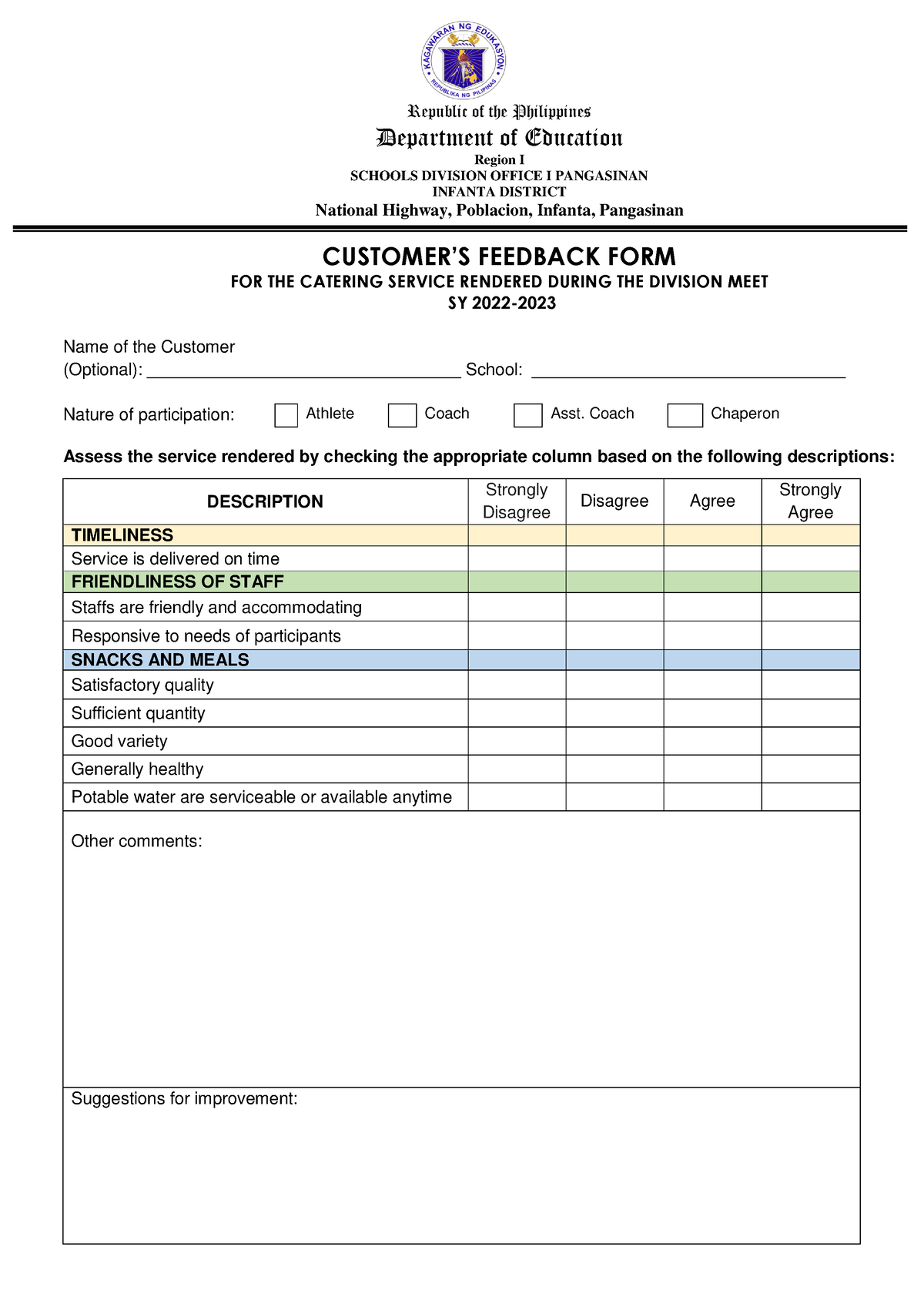 Feedback form food service - Republic of the Philippines Department of ...