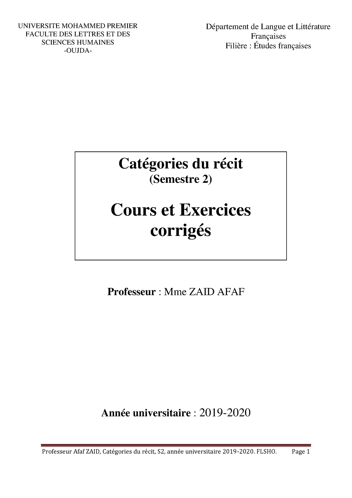 Polycopié Des Cours Et Exercices Corrigés Catégories Du Récit S2 ...