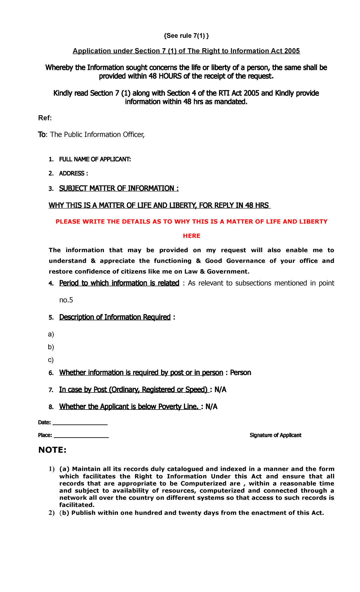 48 Hrs Rti Format Acvbv See Rule 7 1 Application Under Section 