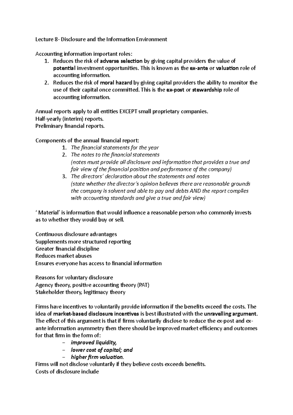 Lectures 8-12 - notes - Lecture 8- Disclosure and the Information ...